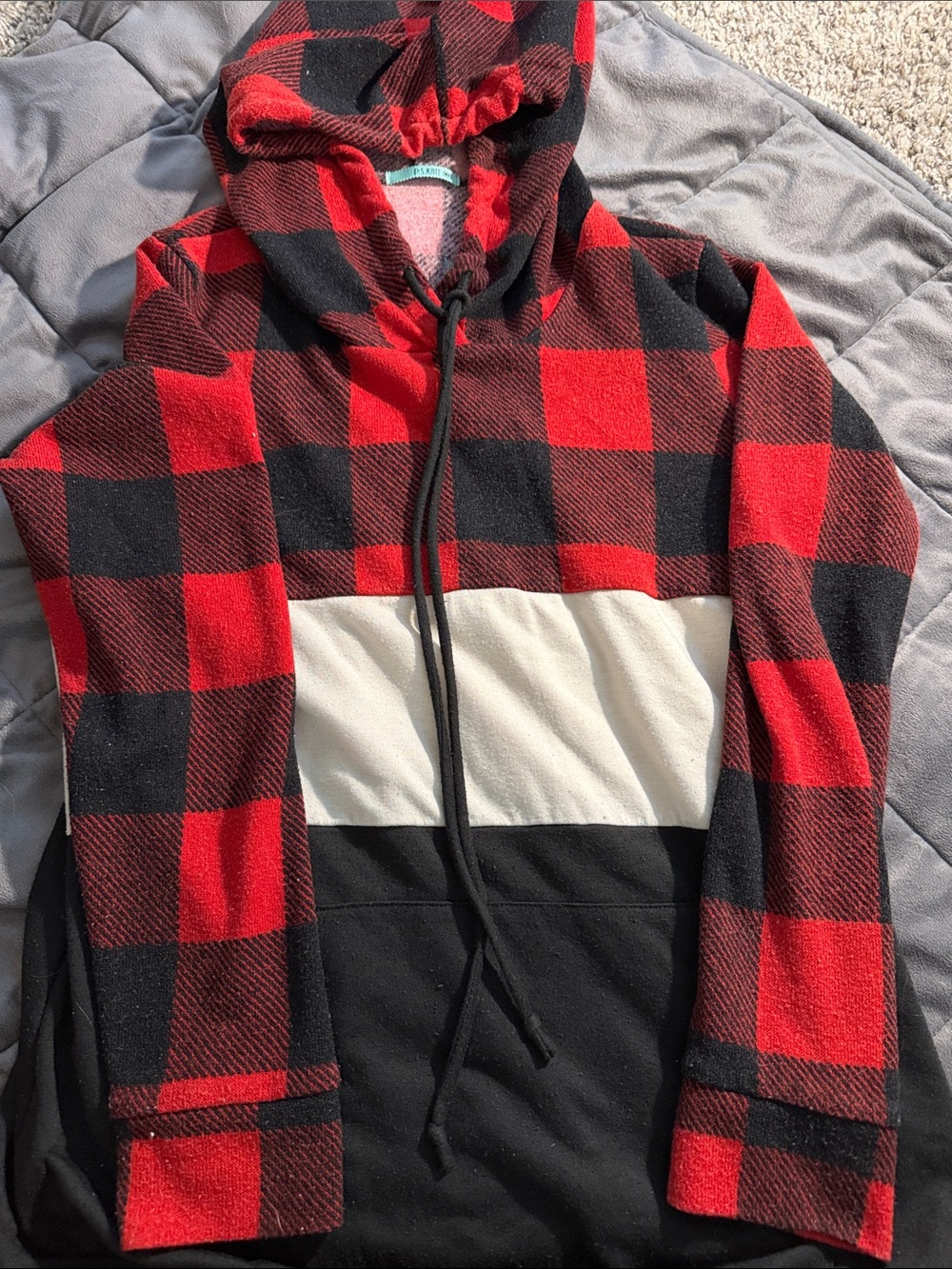 Women’s Red & Black Buffalo Plaid Hooded Sweater with Cream Panel